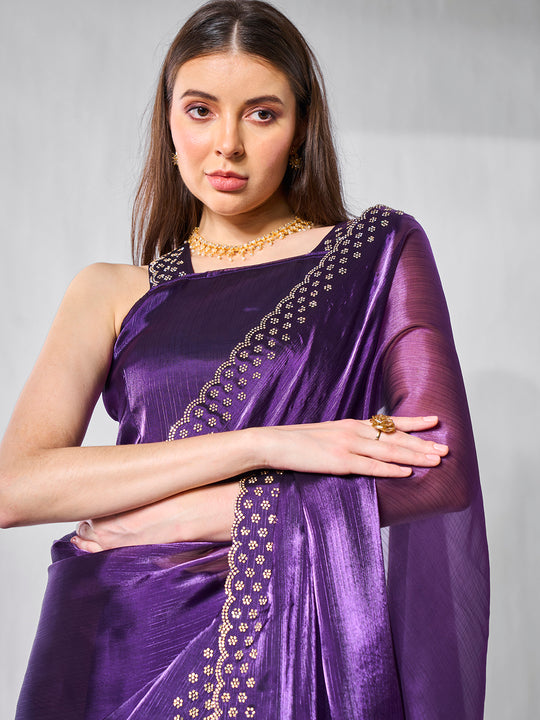 Beads and Stones Embellished  Organza Saree With Blouse Piece