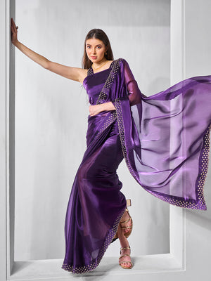 Beads and Stones Embellished  Organza Saree With Blouse Piece