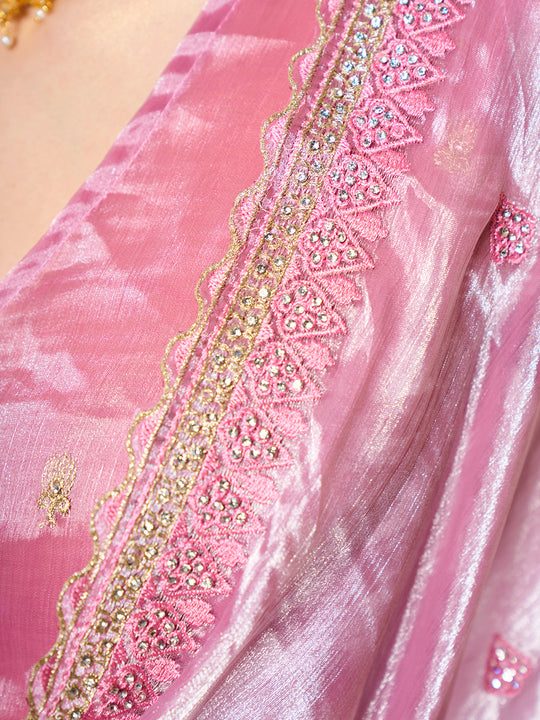 Embroidered Embellished Pink Organza Saree With Blouse Piece