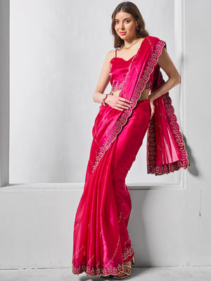 Embellished Beads and Stone Organza Saree With Blouse Piece
