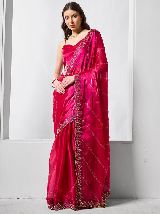 Embellished Beads and Stone Organza Saree With Blouse Piece