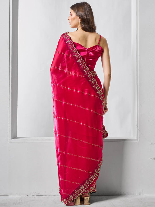 Embellished Beads and Stone Organza Saree With Blouse Piece