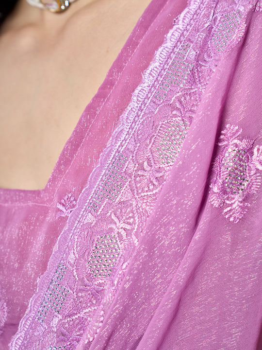 Embroidered Embellished Lavender Chifon Saree With Blouse Piece