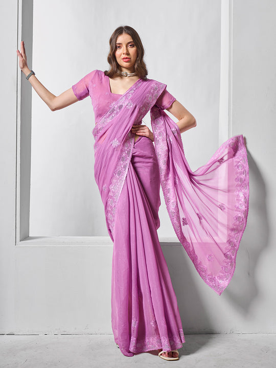 Embroidered Embellished Lavender Chifon Saree With Blouse Piece