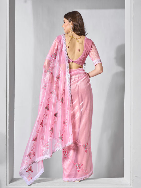 Embroidered Embellished Pink Organza Saree With Blouse Piece