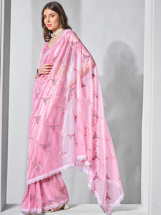 Embroidered Embellished Pink Organza Saree With Blouse Piece