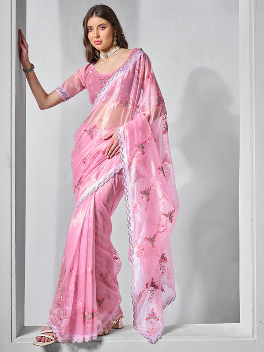 Embroidered Embellished Pink Organza Saree With Blouse Piece