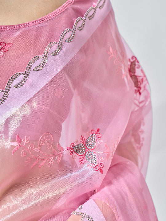 Embroidered Embellished Pink Organza Saree With Blouse Piece