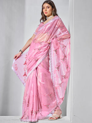 Embroidered Embellished Pink Organza Saree With Blouse Piece