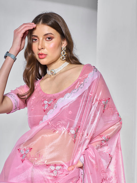 Embroidered Embellished Pink Organza Saree With Blouse Piece