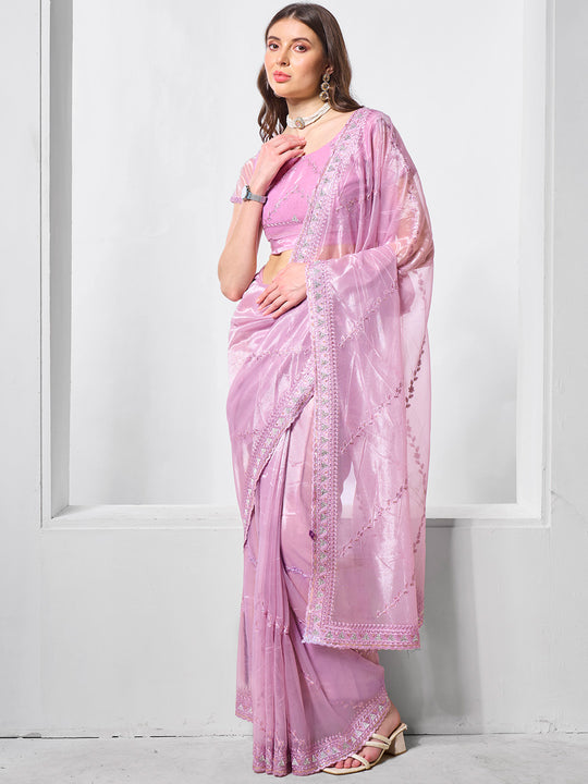 Embroidered Embellished Organza Saree With Blouse Piece