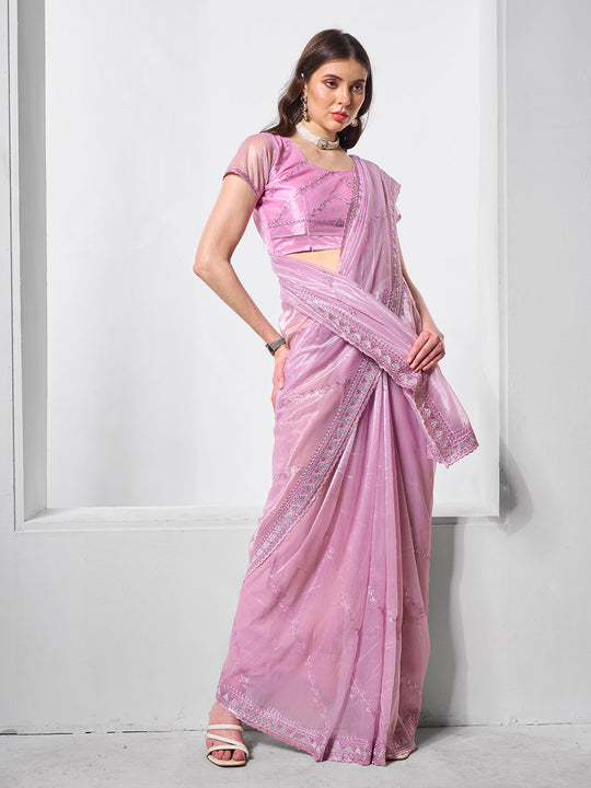 Embroidered Embellished Organza Saree With Blouse Piece