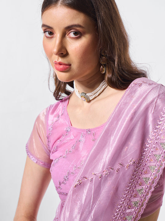 Embroidered Embellished Organza Saree With Blouse Piece