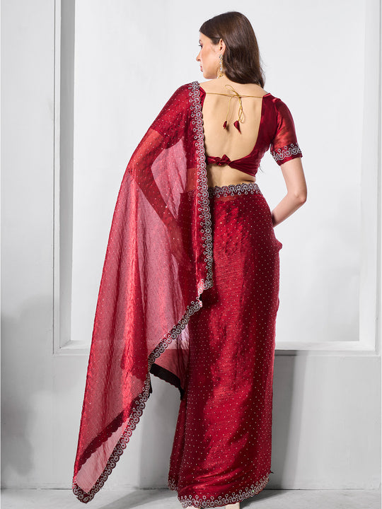 Embellished Beads and Stone Organza Saree With Blouse Piece