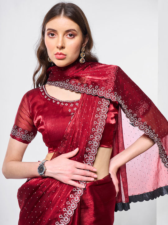 Embellished Beads and Stone Organza Saree With Blouse Piece