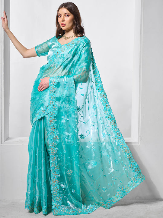 Embellished Beads and Stone Organza Saree With Blouse Piece