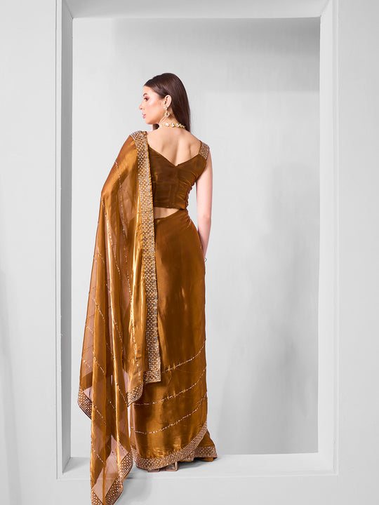 Beads and Stones Embellished  Organza Saree With Blouse Piece