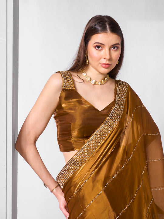 Beads and Stones Embellished  Organza Saree With Blouse Piece