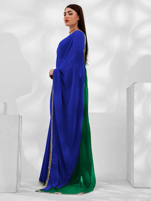 Blue And Green Colourblocked Pure Georgette Saree