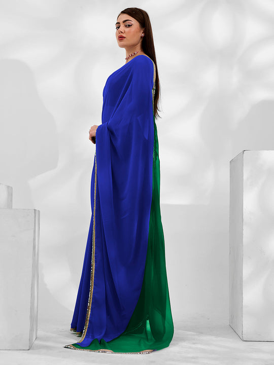 Blue And Green Colourblocked Pure Georgette Saree