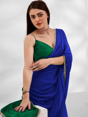 Blue And Green Colourblocked Pure Georgette Saree