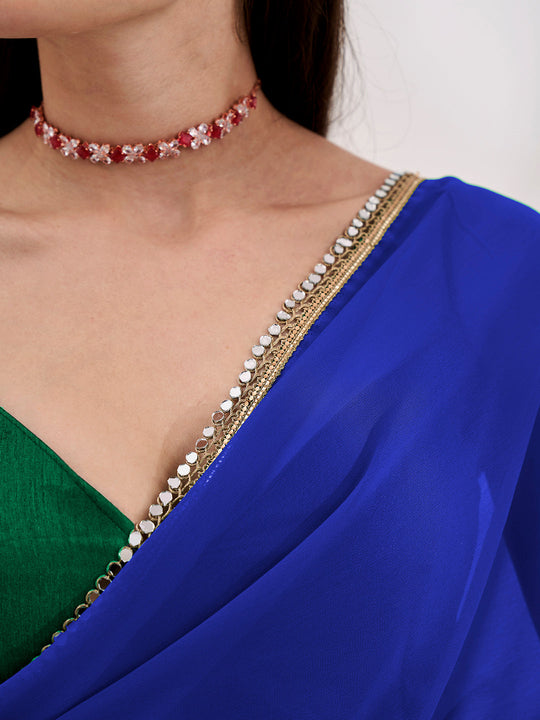 Blue And Green Colourblocked Pure Georgette Saree