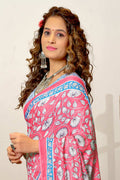Baby Pink Ure Mulmul Cotton Ajrakh Hand Block Print Sarees Saree With Blouse Piece