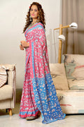 Baby Pink Ure Mulmul Cotton Ajrakh Hand Block Print Sarees Saree With Blouse Piece