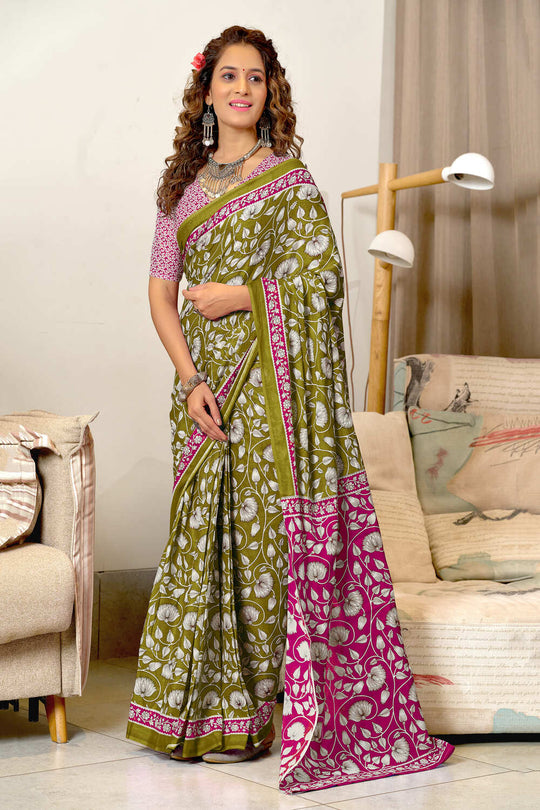 Lime Green Ure Mulmul Cotton Ajrakh Hand Block Print Sarees Saree With Blouse Piece