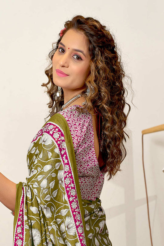 Lime Green Ure Mulmul Cotton Ajrakh Hand Block Print Sarees Saree With Blouse Piece