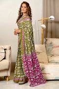 Lime Green Ure Mulmul Cotton Ajrakh Hand Block Print Sarees Saree With Blouse Piece