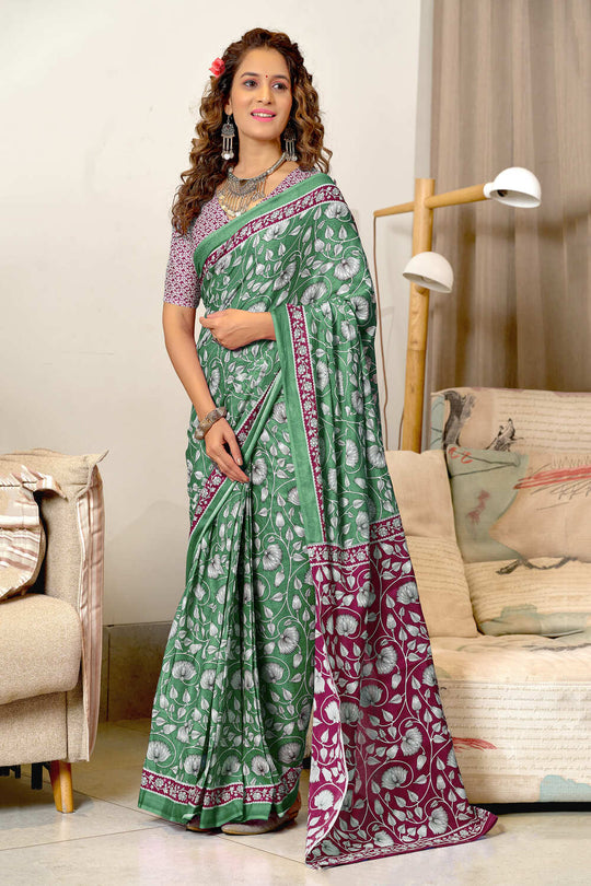 Green Ure Mulmul Cotton Ajrakh Hand Block Print Sarees Saree With Blouse Piece