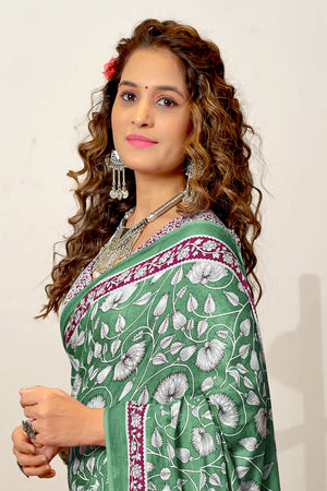 Green Ure Mulmul Cotton Ajrakh Hand Block Print Sarees Saree With Blouse Piece