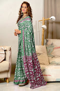 Green Ure Mulmul Cotton Ajrakh Hand Block Print Sarees Saree With Blouse Piece