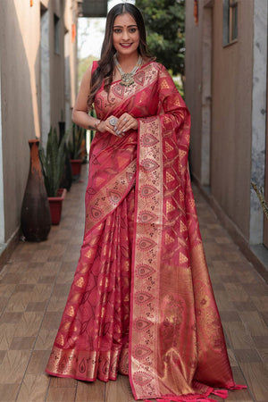 Rose Red Banarasi Silk Saree