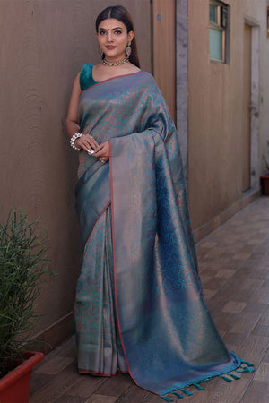 Ocean Blue Silk Kanjivaram Saree With Blouse Piece