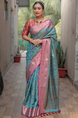 Ocean Blue Banarasi Silk Saree