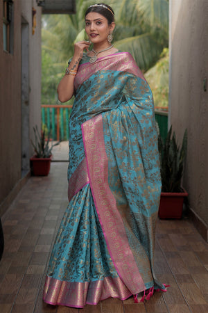 Cyan Blue Banarasi Silk Saree