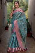 Cyan Blue Banarasi Silk Saree