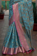 Cyan Blue Banarasi Silk Saree