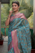 Cyan Blue Banarasi Silk Saree