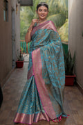 Cyan Blue Banarasi Silk Saree
