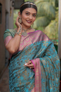 Cyan Blue Banarasi Silk Saree