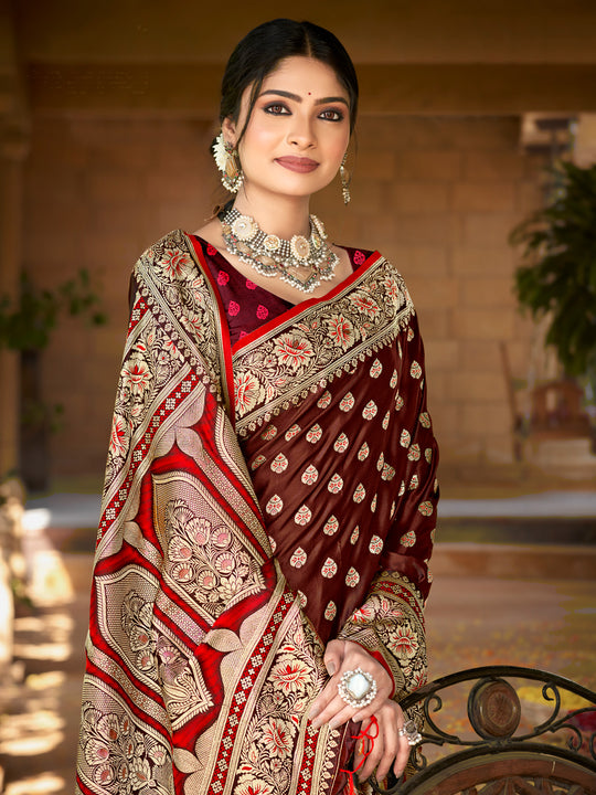 Brown Satin Silk Saree With Blouse Piece