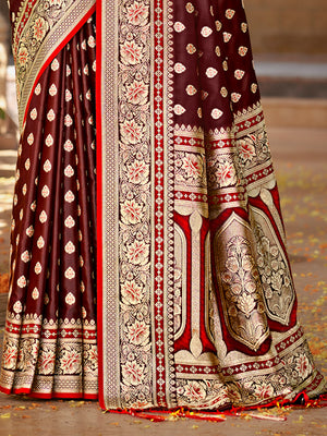 Brown Satin Silk Saree With Blouse Piece