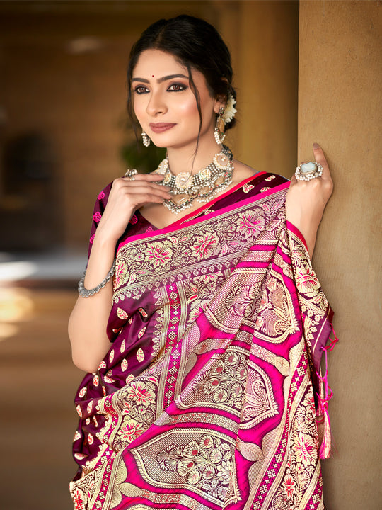 Pink Satin Silk Saree With Blouse Piece