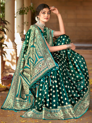 Green Satin Silk Saree With Blouse Piece