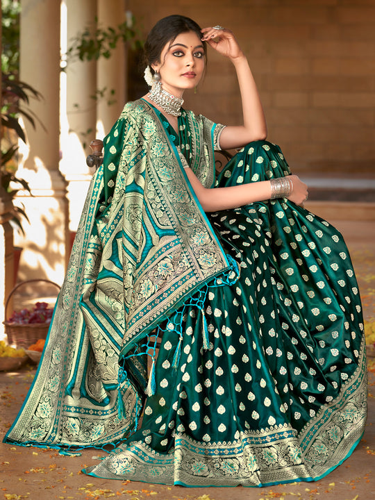 Green Satin Silk Saree With Blouse Piece