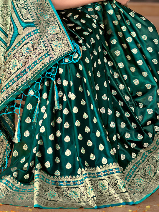 Green Satin Silk Saree With Blouse Piece