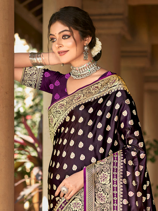 Wine Satin Silk Saree With Blouse Piece